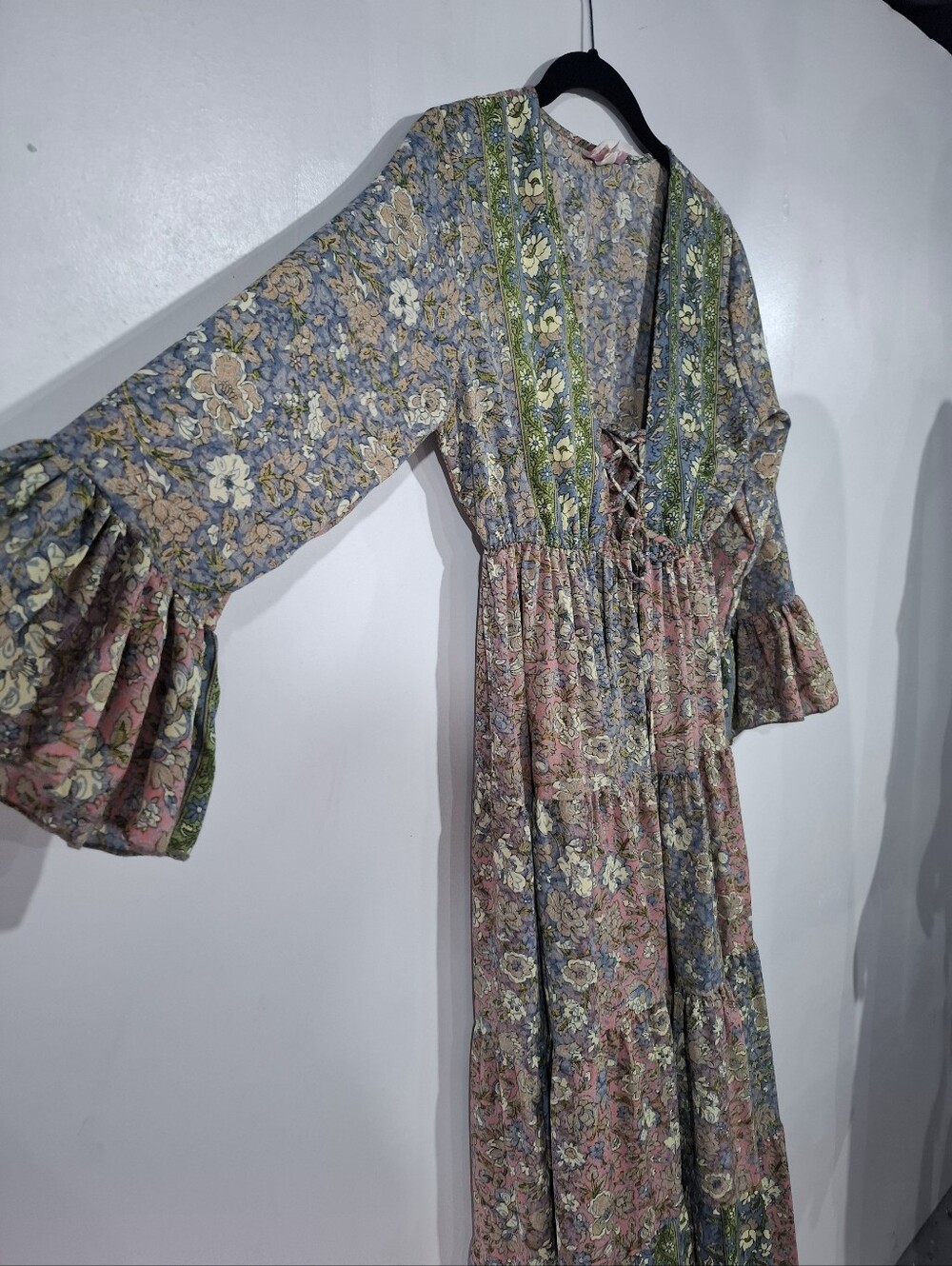 Boemo Lace-Up Tassel Maxi Dress Floral Multi Print S Cottagecore Paisant Layered - Picture 3 of 13
